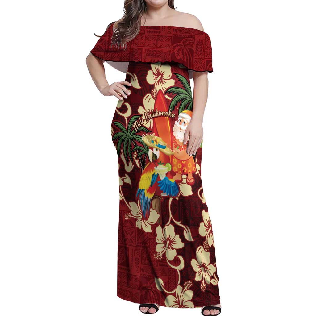 Crimson Red Tropical Christmas Hawaii Tapa Off Shoulder Maxi Dress Aloha Santa Drink Party - Polynesian Pride
