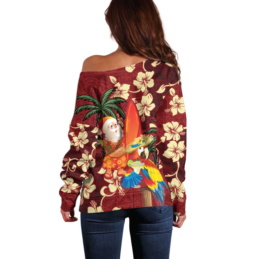 Crimson Red Tropical Christmas Hawaii Tapa Off Shoulder Sweater Aloha Santa Drink Party - Polynesian Pride