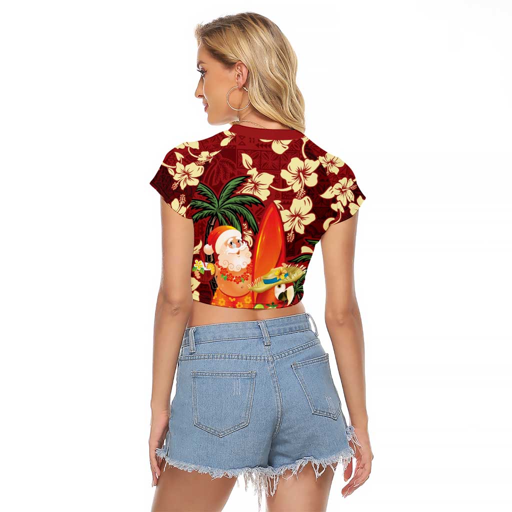 Crimson Red Tropical Christmas Hawaii Tapa Raglan Cropped T Shirt Aloha Santa Drink Party - Polynesian Pride