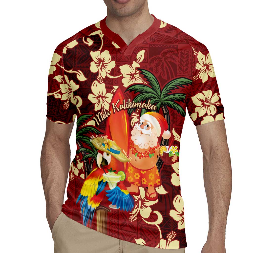 Crimson Red Tropical Christmas Hawaii Tapa Rugby Jersey Aloha Santa Drink Party - Polynesian Pride