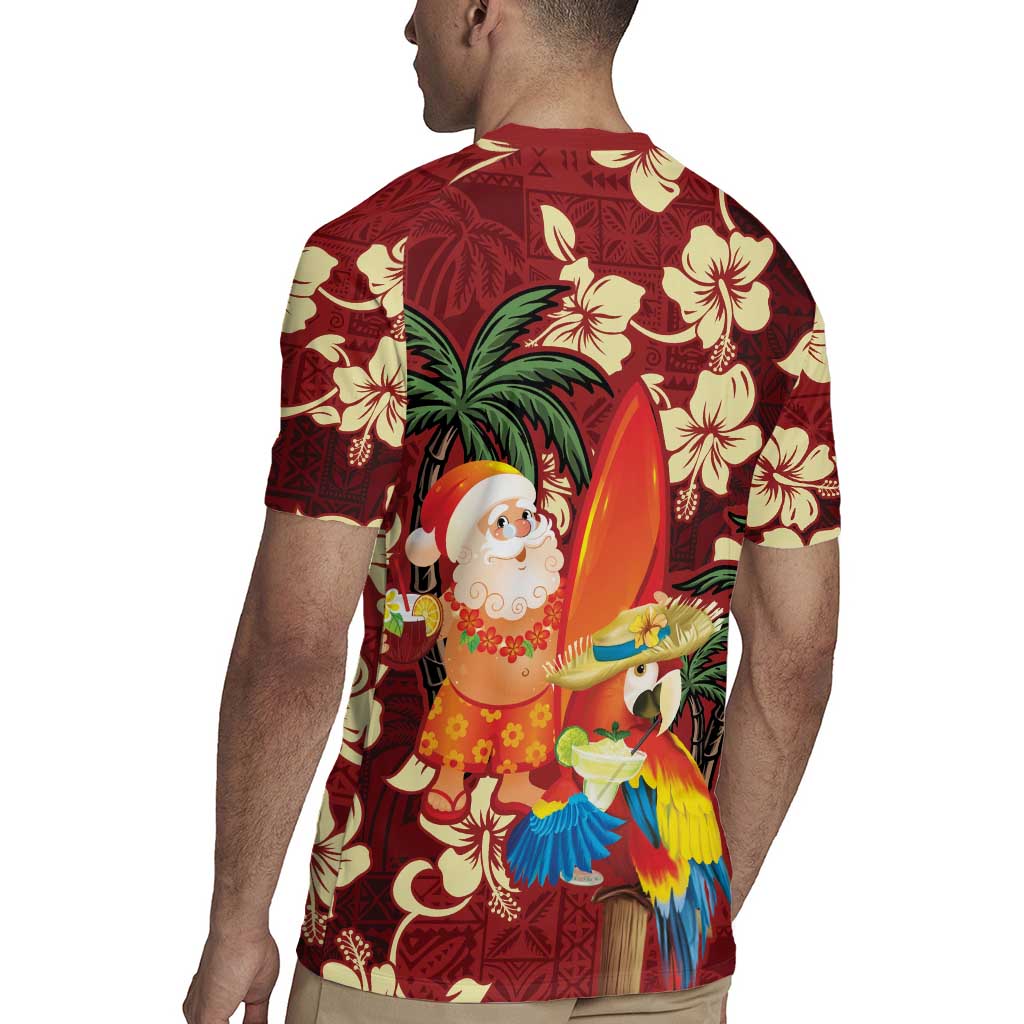 Crimson Red Tropical Christmas Hawaii Tapa Rugby Jersey Aloha Santa Drink Party - Polynesian Pride