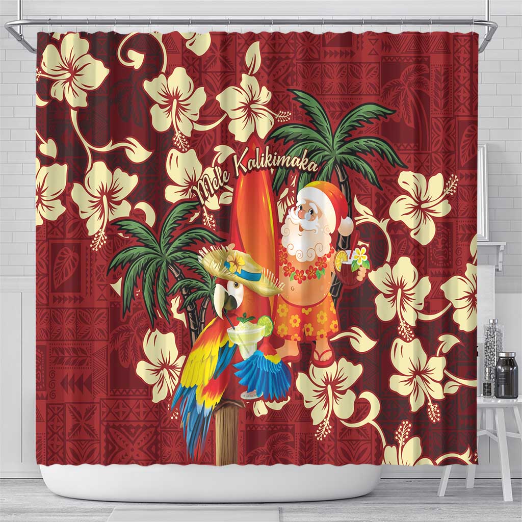 Crimson Red Tropical Christmas Hawaii Tapa Shower Curtain Aloha Santa Drink Party - Polynesian Pride