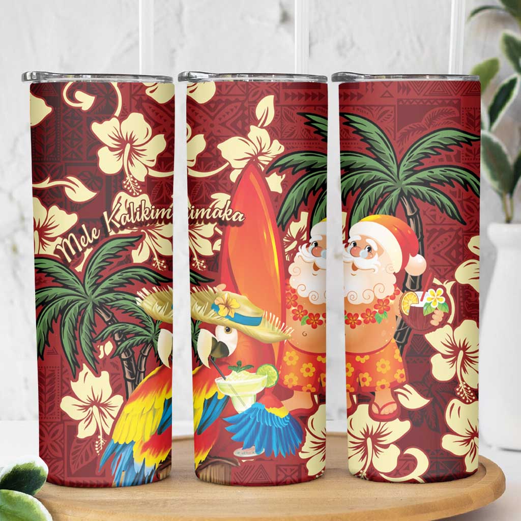 Crimson Red Tropical Christmas Hawaii Tapa Skinny Tumbler Aloha Santa Drink Party - Polynesian Pride