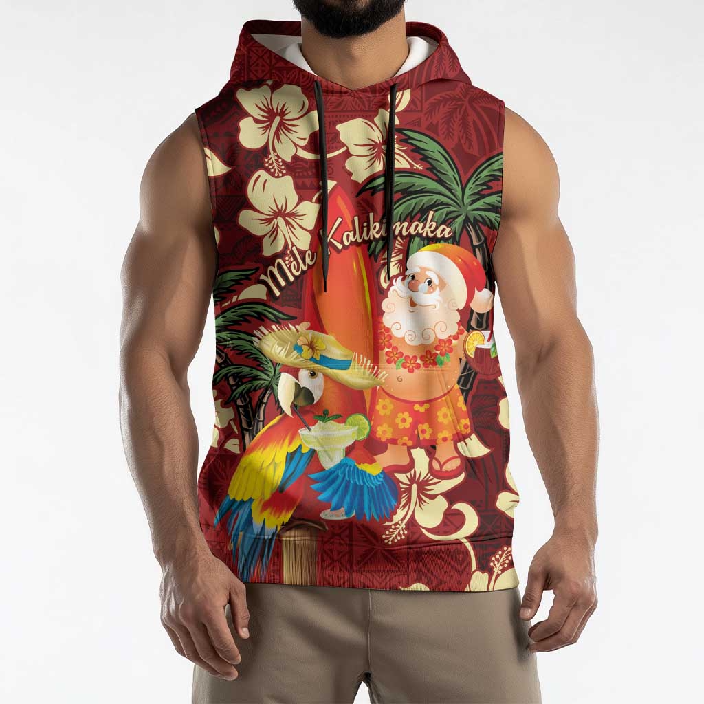 Crimson Red Tropical Christmas Hawaii Tapa Sleeveless Hoodie Aloha Santa Drink Party - Polynesian Pride
