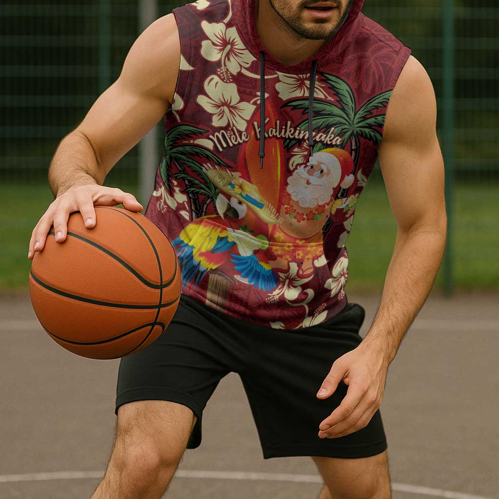 Crimson Red Tropical Christmas Hawaii Tapa Sleeveless Hoodie Aloha Santa Drink Party - Polynesian Pride