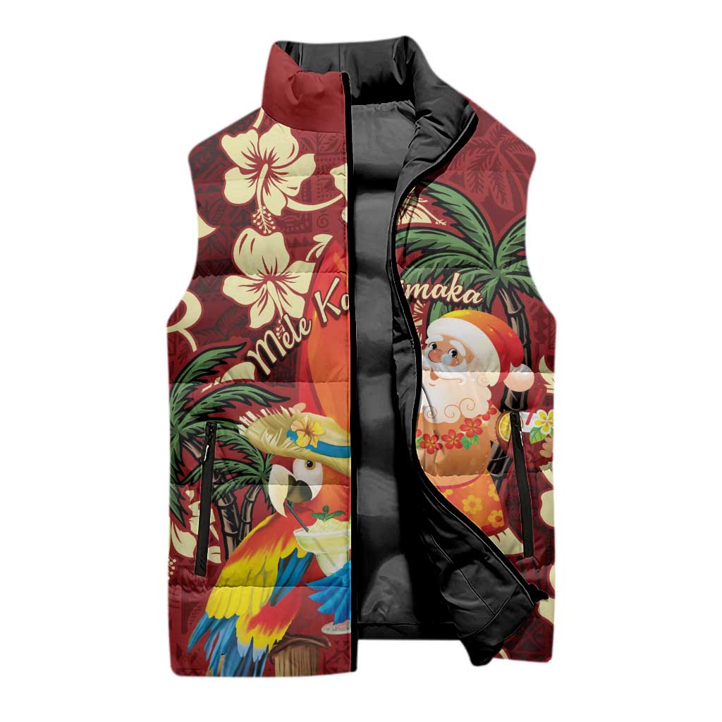 Crimson Red Tropical Christmas Hawaii Tapa Sleeveless Puffer Jacket Aloha Santa Drink Party - Polynesian Pride