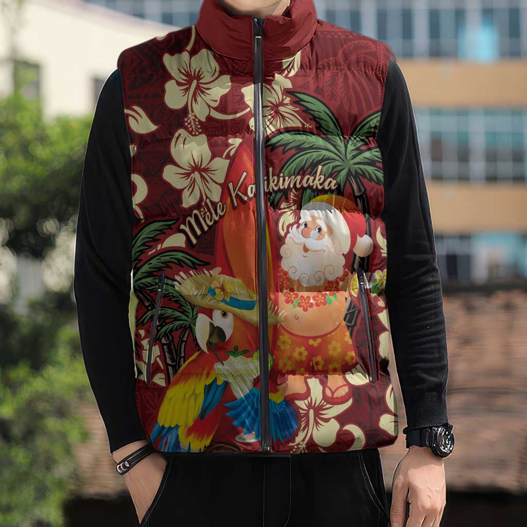 Crimson Red Tropical Christmas Hawaii Tapa Sleeveless Puffer Jacket Aloha Santa Drink Party - Polynesian Pride