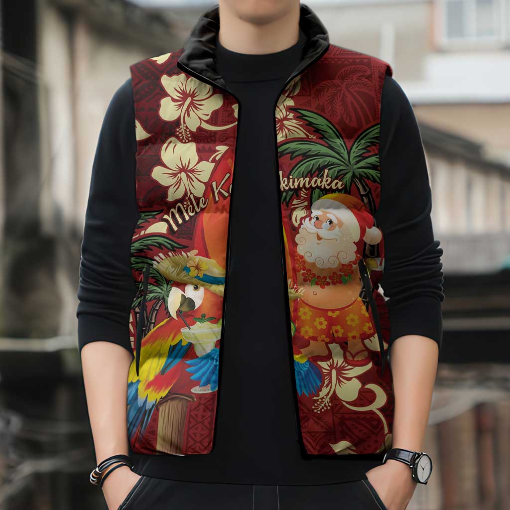 Crimson Red Tropical Christmas Hawaii Tapa Sleeveless Puffer Jacket Aloha Santa Drink Party - Polynesian Pride