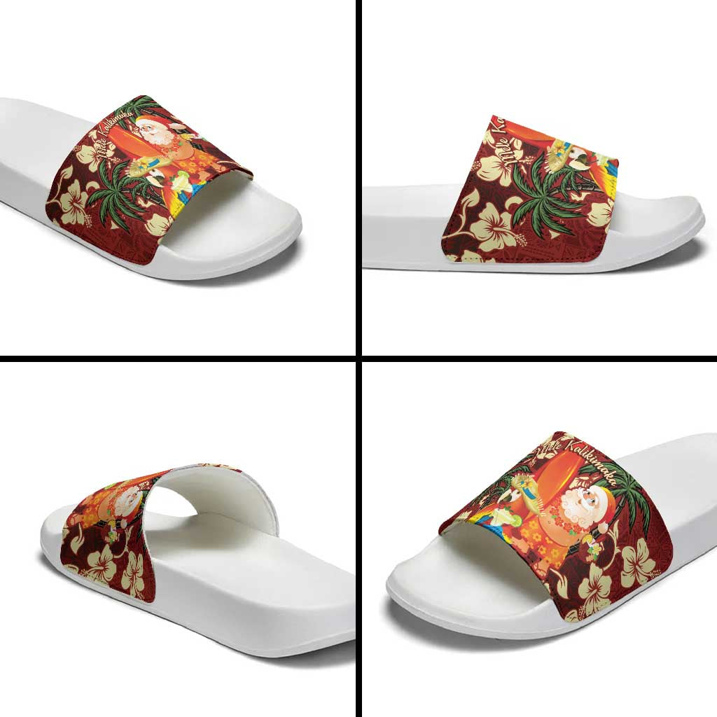 Crimson Red Tropical Christmas Hawaii Tapa Slide Sandals Aloha Santa Drink Party - Polynesian Pride