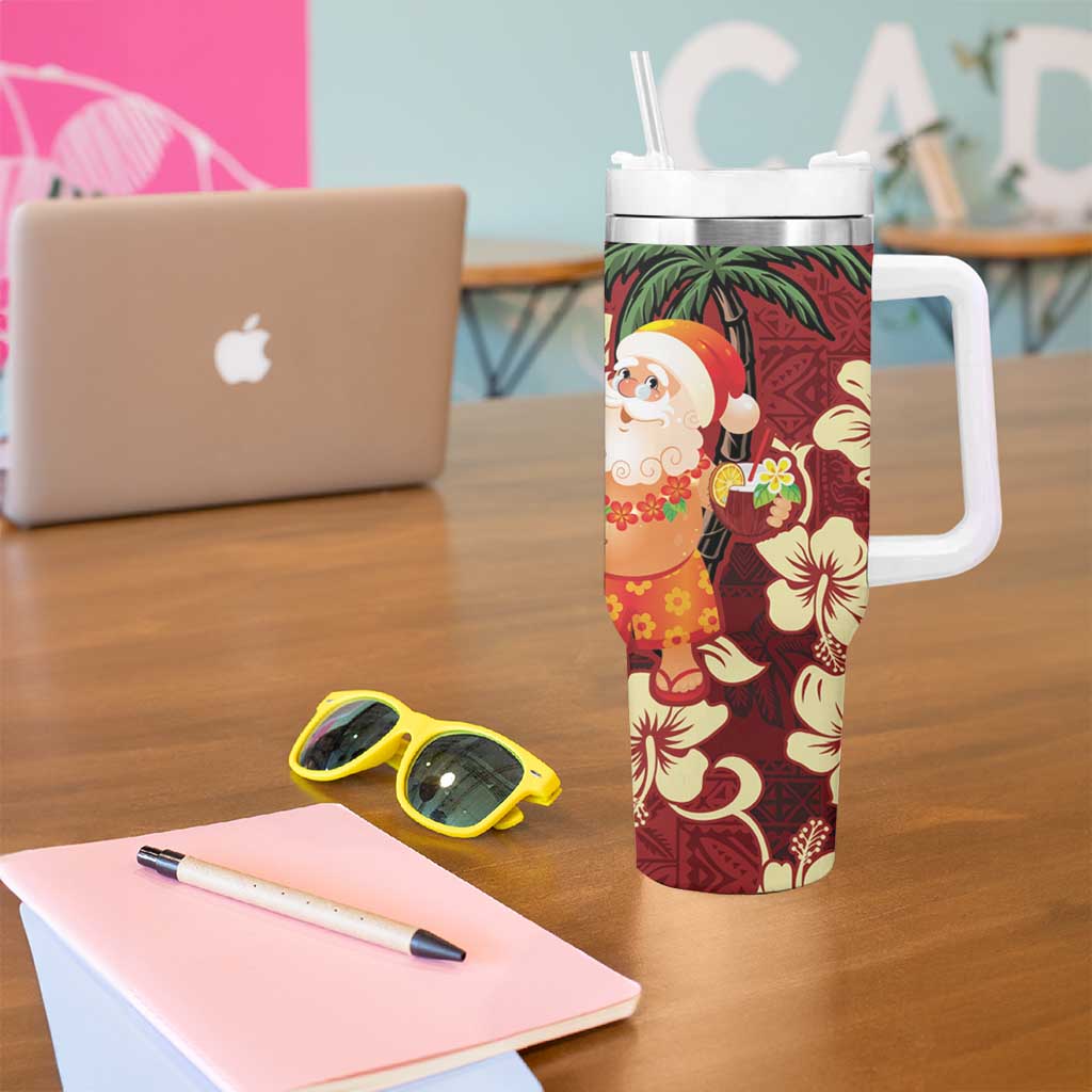 Crimson Red Tropical Christmas Hawaii Tapa Tumbler With Handle Aloha Santa Drink Party - Polynesian Pride