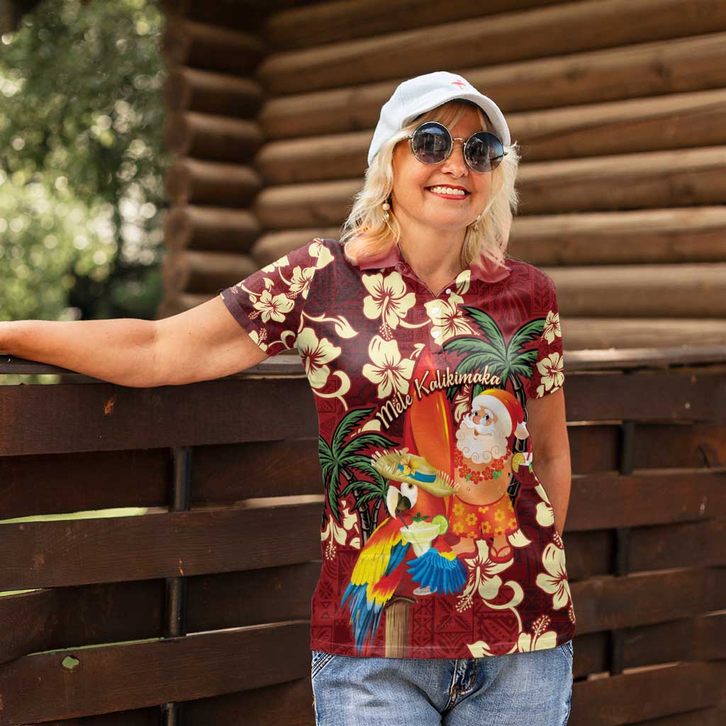 Crimson Red Tropical Christmas Hawaii Tapa Women Polo Shirt Aloha Santa Drink Party - Polynesian Pride