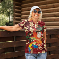 Crimson Red Tropical Christmas Hawaii Tapa Women Polo Shirt Aloha Santa Drink Party - Polynesian Pride