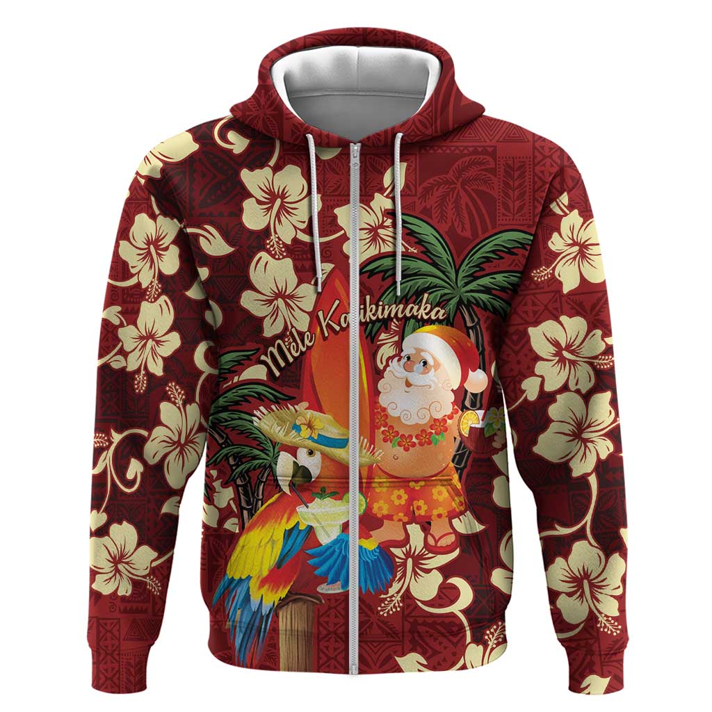 Crimson Red Tropical Christmas Hawaii Tapa Zip Hoodie Aloha Santa Drink Party - Polynesian Pride
