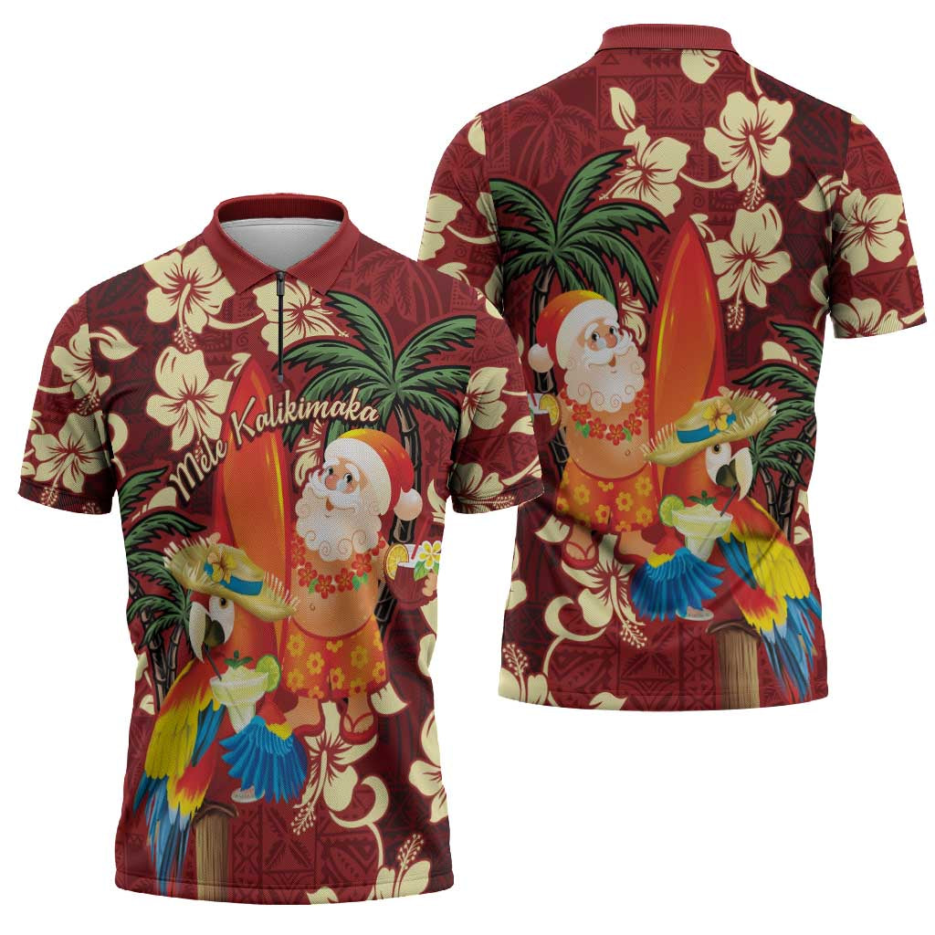 Crimson Red Tropical Christmas Hawaii Tapa Zipper Polo Shirt Aloha Santa Drink Party - Polynesian Pride