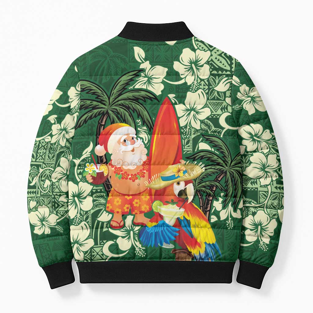 Moss Green Tropical Christmas Hawaii Tapa Bomber Puffer Jacket Aloha Santa Drink Party - Polynesian Pride