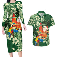 Moss Green Tropical Christmas Hawaii Tapa Couples Matching Long Sleeve Bodycon Dress and Hawaiian Shirt Aloha Santa Drink Party - Polynesian Pride