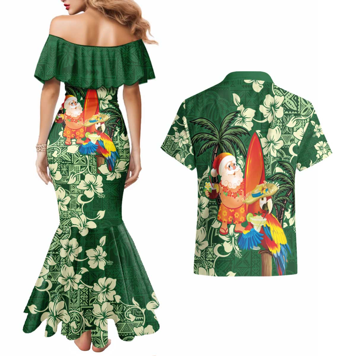 Moss Green Tropical Christmas Hawaii Tapa Couples Matching Mermaid Dress and Hawaiian Shirt Aloha Santa Drink Party - Polynesian Pride