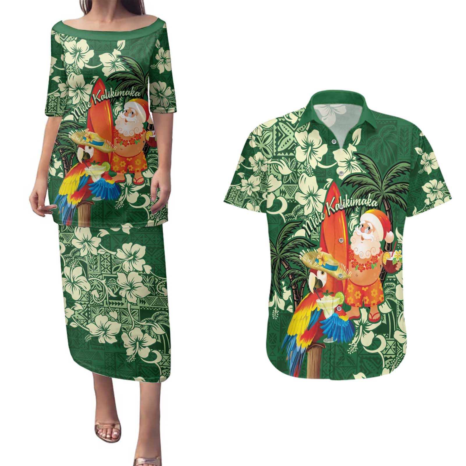 Moss Green Tropical Christmas Hawaii Tapa Couples Matching Puletasi and Hawaiian Shirt Aloha Santa Drink Party - Polynesian Pride