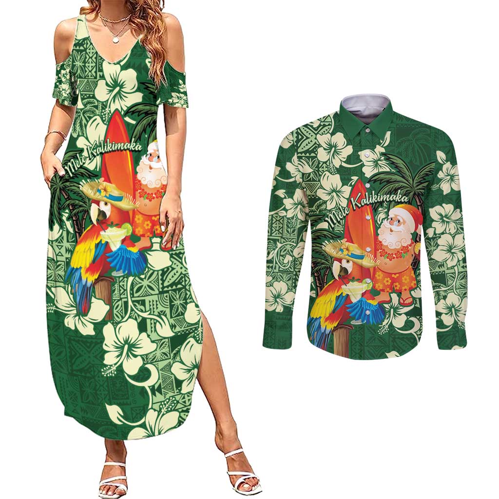 Moss Green Tropical Christmas Hawaii Tapa Couples Matching Summer Maxi Dress and Long Sleeve Button Shirt Aloha Santa Drink Party - Polynesian Pride