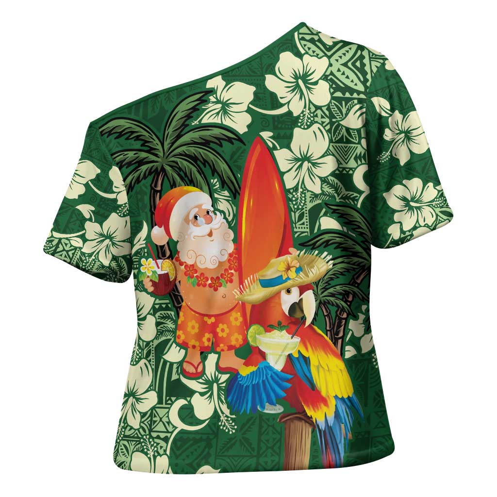 Moss Green Tropical Christmas Hawaii Tapa Cross Shoulder Shirt Aloha Santa Drink Party - Polynesian Pride