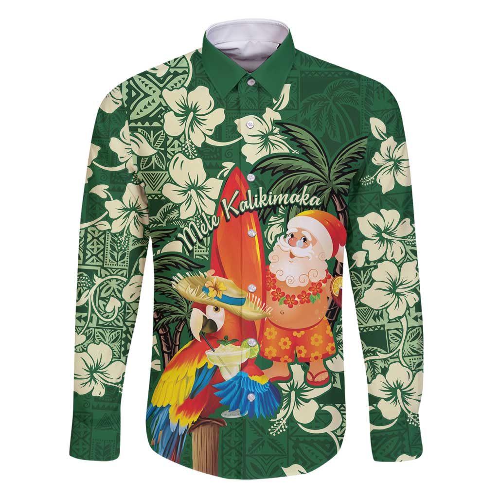 Moss Green Tropical Christmas Hawaii Tapa Family Matching Long Sleeve Bodycon Dress and Hawaiian Shirt Aloha Santa Drink Party - Polynesian Pride