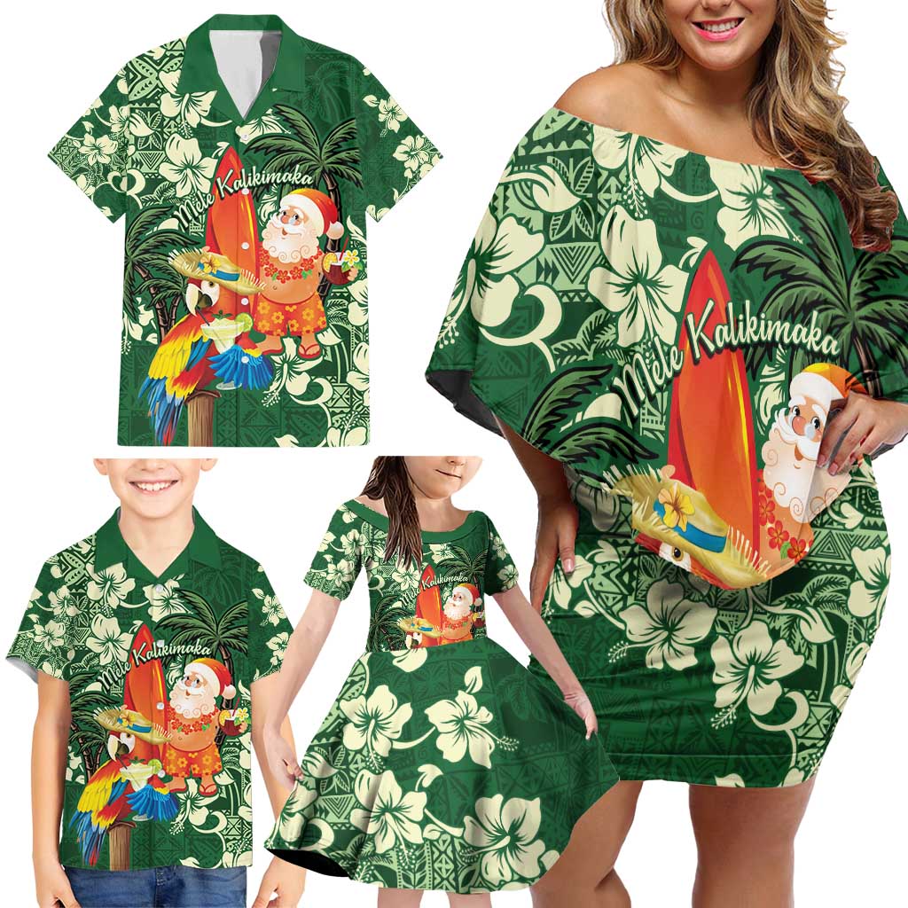 Moss Green Tropical Christmas Hawaii Tapa Family Matching Off Shoulder Short Dress and Hawaiian Shirt Aloha Santa Drink Party - Polynesian Pride