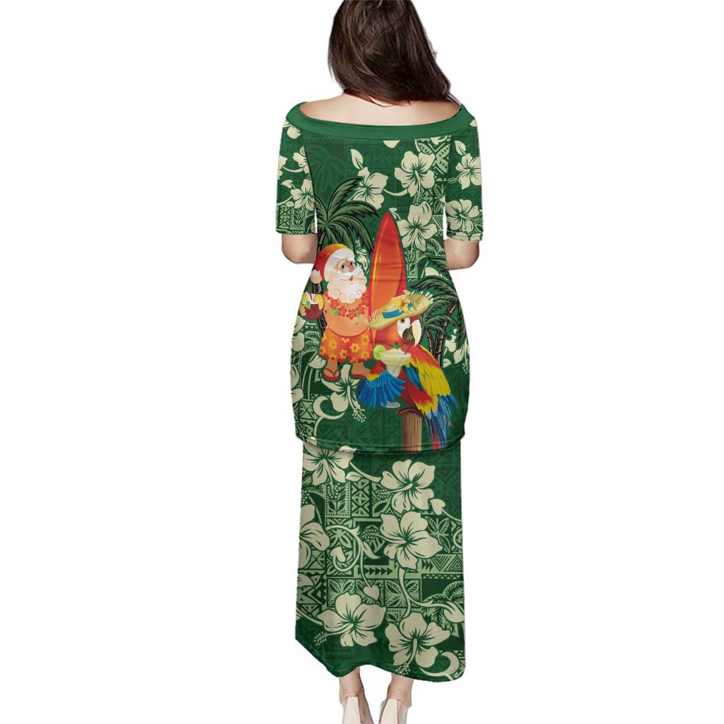 Moss Green Tropical Christmas Hawaii Tapa Family Matching Puletasi and Hawaiian Shirt Aloha Santa Drink Party - Polynesian Pride