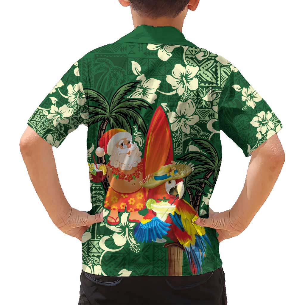 Moss Green Tropical Christmas Hawaii Tapa Family Matching Short Sleeve Bodycon Dress and Hawaiian Shirt Aloha Santa Drink Party - Polynesian Pride