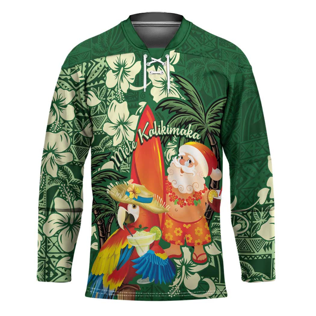 Moss Green Tropical Christmas Hawaii Tapa Hockey Jersey Aloha Santa Drink Party - Polynesian Pride