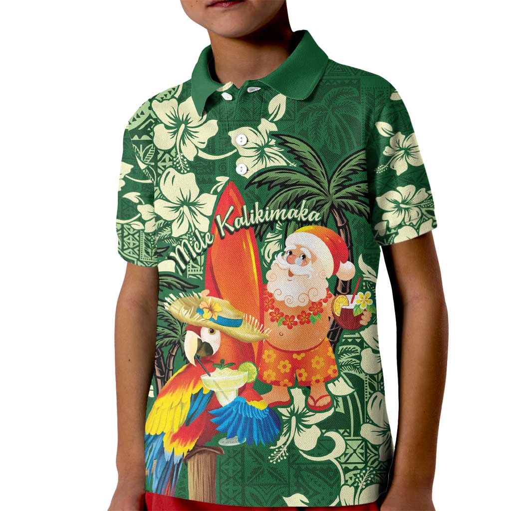 Moss Green Tropical Christmas Hawaii Tapa Kid Polo Shirt Aloha Santa Drink Party - Polynesian Pride