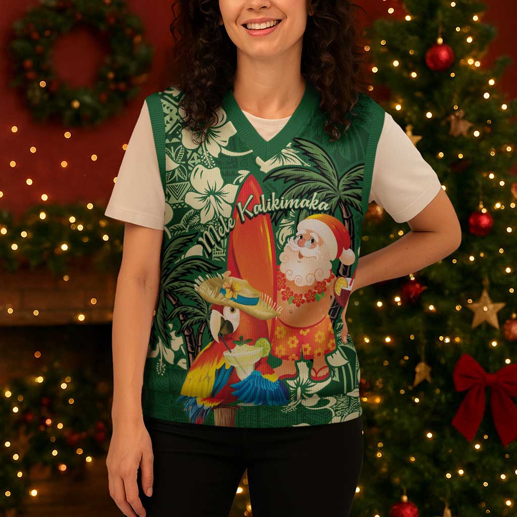 Moss Green Tropical Christmas Hawaii Tapa Christmas Knitted V-Neck Vest Aloha Santa Drink Party - Polynesian Pride