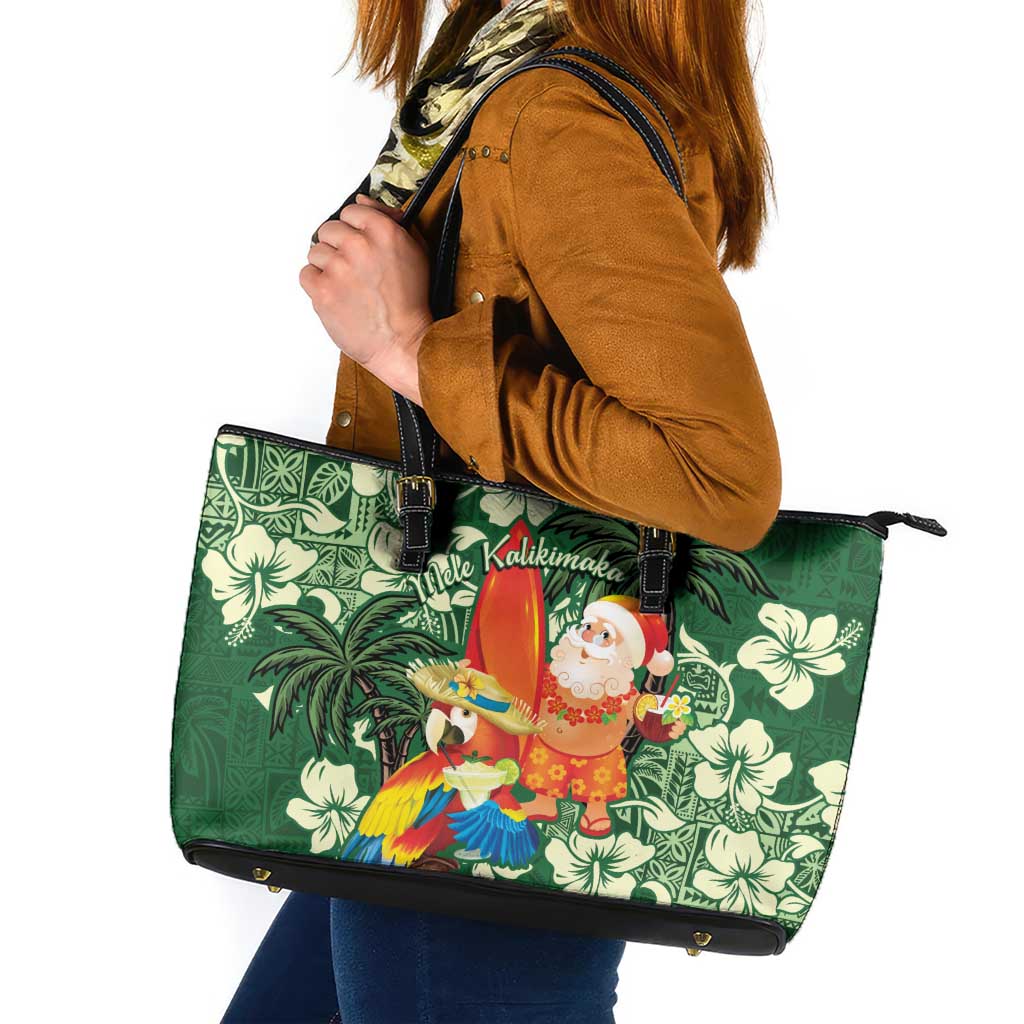 Moss Green Tropical Christmas Hawaii Tapa Leather Tote Bag Aloha Santa Drink Party - Polynesian Pride