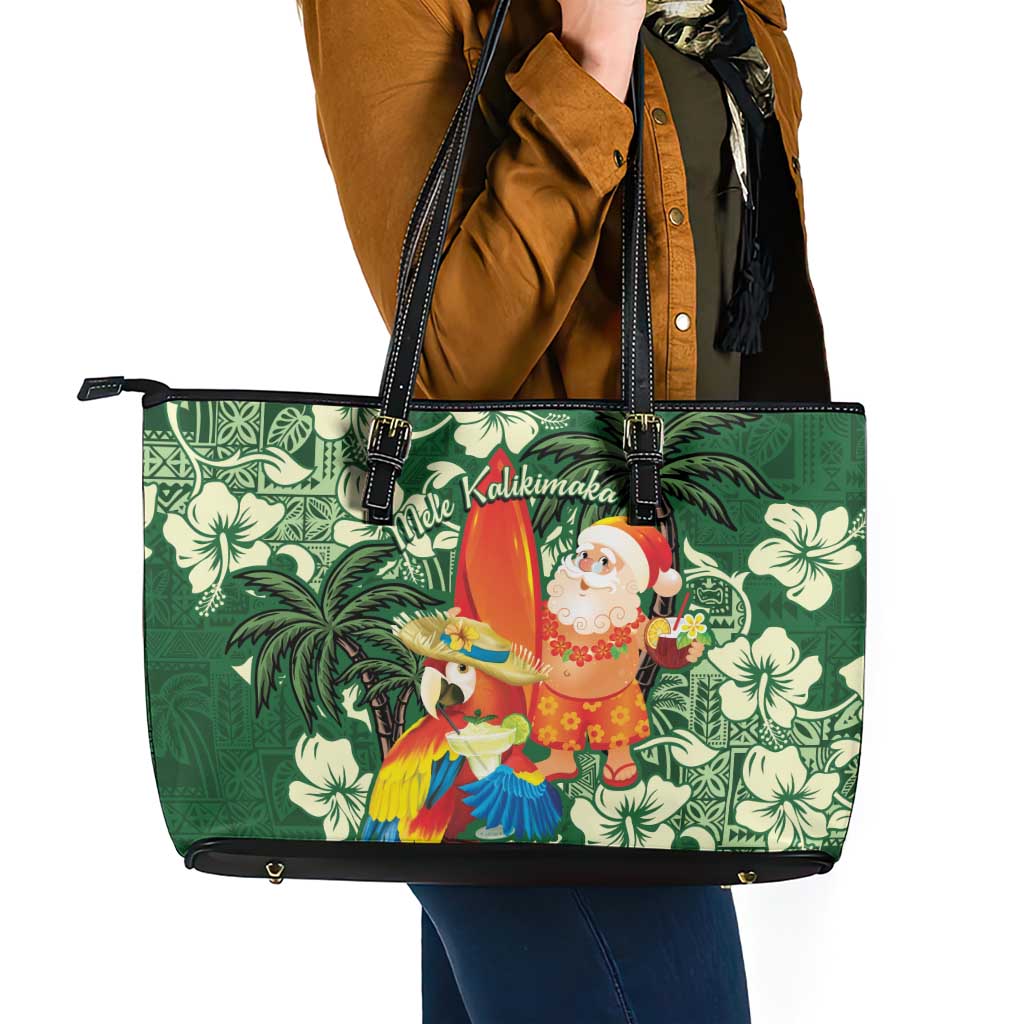 Moss Green Tropical Christmas Hawaii Tapa Leather Tote Bag Aloha Santa Drink Party - Polynesian Pride