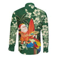 Moss Green Tropical Christmas Hawaii Tapa Long Sleeve Button Shirt Aloha Santa Drink Party - Polynesian Pride