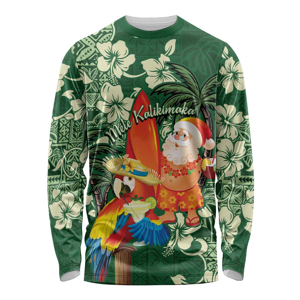 Moss Green Tropical Christmas Hawaii Tapa Long Sleeve Shirt Aloha Santa Drink Party - Polynesian Pride