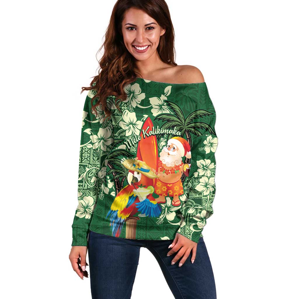 Moss Green Tropical Christmas Hawaii Tapa Off Shoulder Sweater Aloha Santa Drink Party - Polynesian Pride
