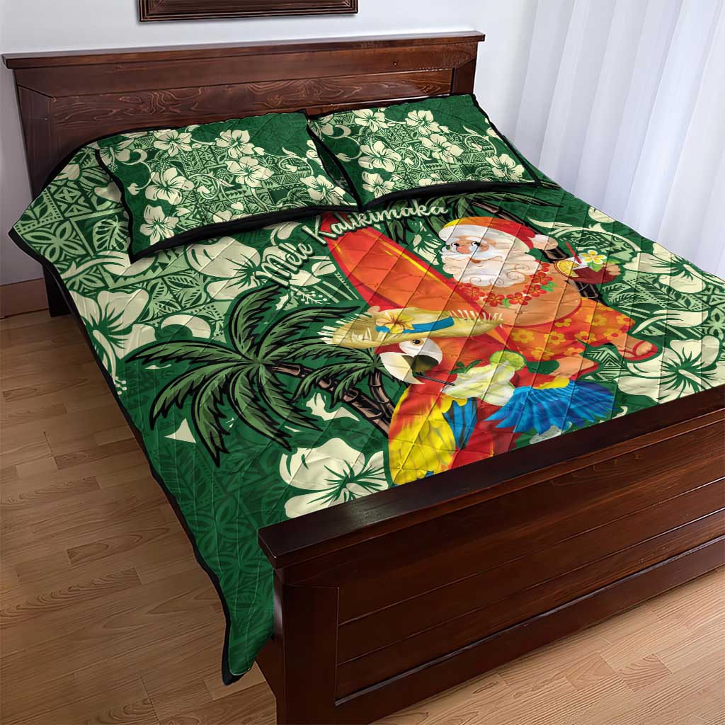Moss Green Tropical Christmas Hawaii Tapa Quilt Bed Set Aloha Santa Drink Party - Polynesian Pride