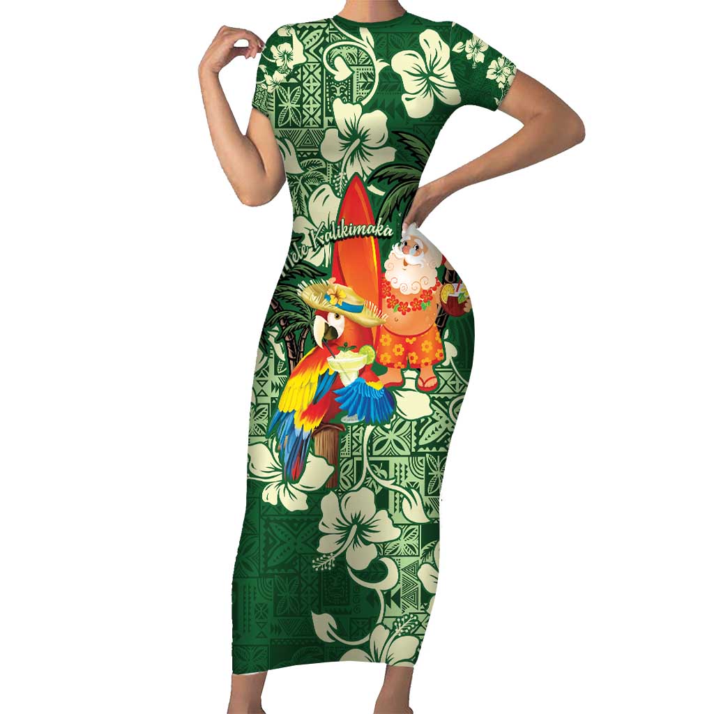 Moss Green Tropical Christmas Hawaii Tapa Short Sleeve Bodycon Dress Aloha Santa Drink Party - Polynesian Pride