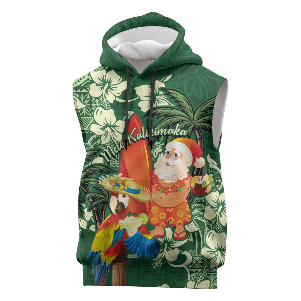 Moss Green Tropical Christmas Hawaii Tapa Sleeveless Hoodie Aloha Santa Drink Party - Polynesian Pride