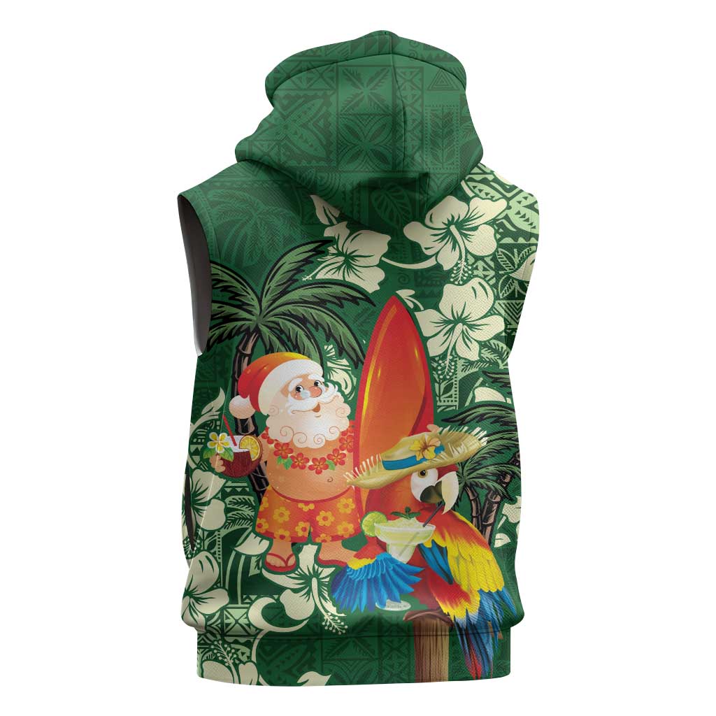 Moss Green Tropical Christmas Hawaii Tapa Sleeveless Hoodie Aloha Santa Drink Party - Polynesian Pride