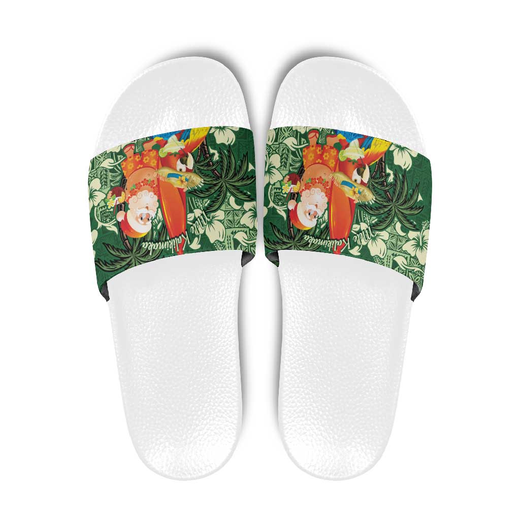 Moss Green Tropical Christmas Hawaii Tapa Slide Sandals Aloha Santa Drink Party - Polynesian Pride