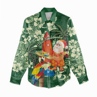Moss Green Tropical Christmas Hawaii Tapa Women Casual Shirt Aloha Santa Drink Party - Polynesian Pride