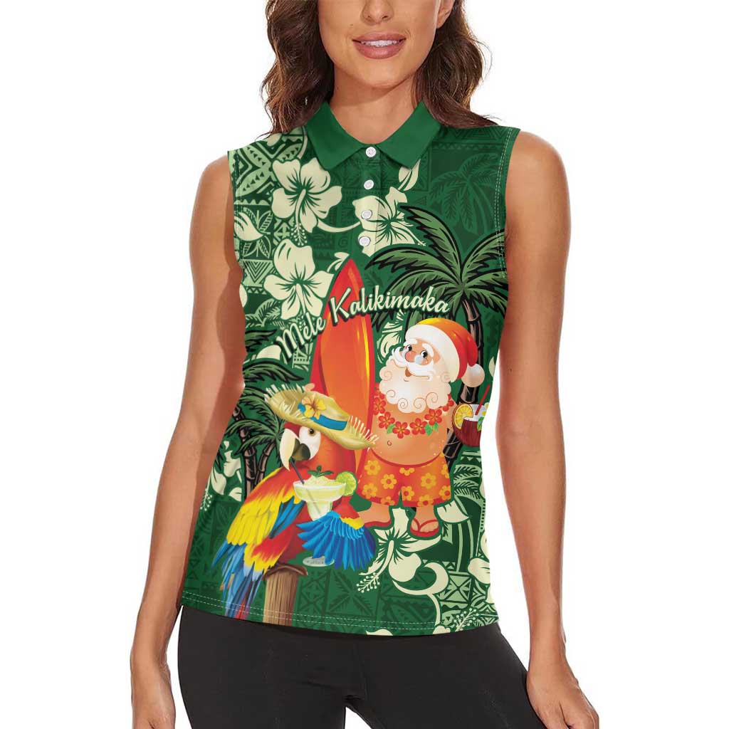 Moss Green Tropical Christmas Hawaii Tapa Women Sleeveless Polo Shirt Aloha Santa Drink Party - Polynesian Pride
