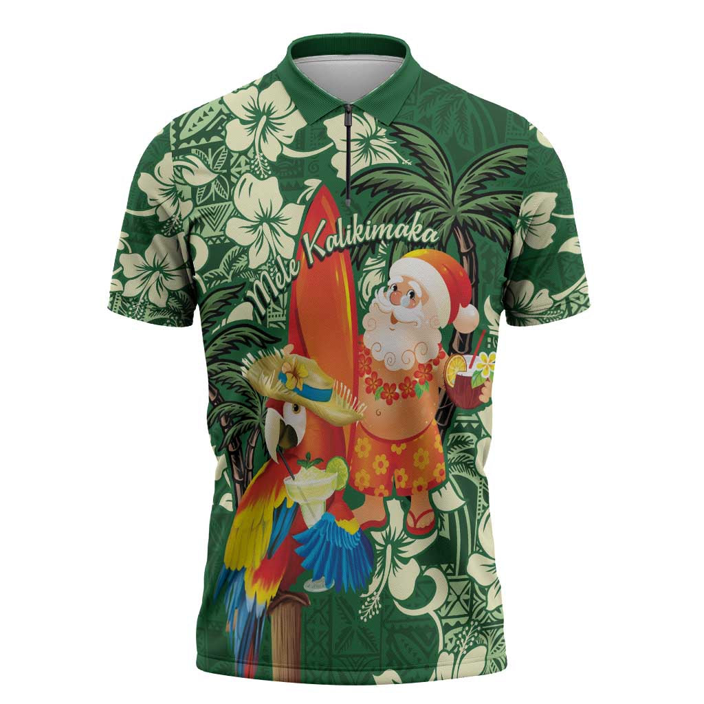 Moss Green Tropical Christmas Hawaii Tapa Zipper Polo Shirt Aloha Santa Drink Party - Polynesian Pride