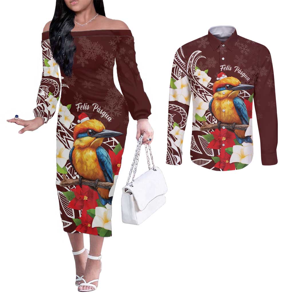 Felis Pasgua Guam Couples Matching Off The Shoulder Long Sleeve Dress and Long Sleeve Button Shirt Christmas Sihek Kingfisher with Guasali