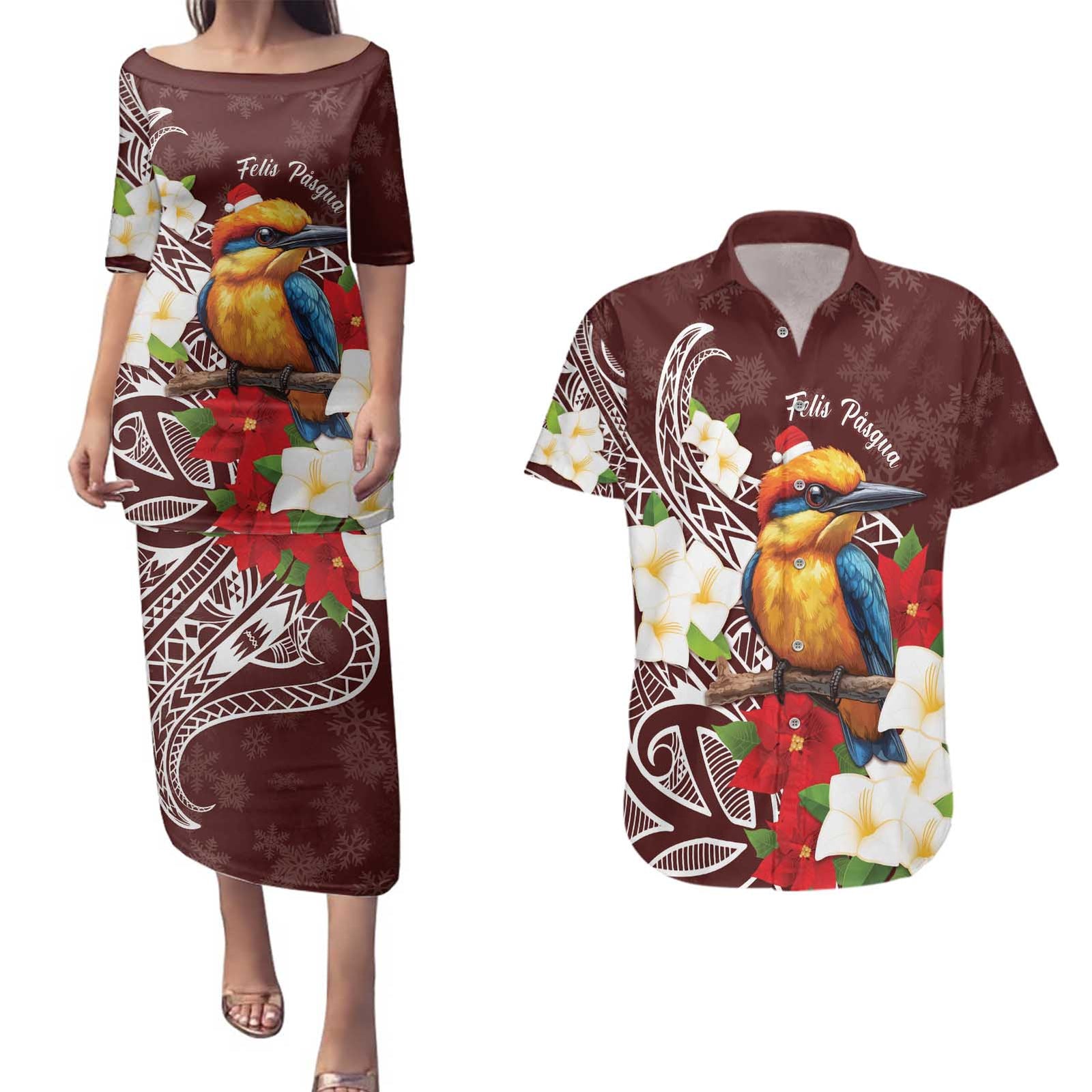 Felis Pasgua Guam Couples Matching Puletasi and Hawaiian Shirt Christmas Sihek Kingfisher with Guasali