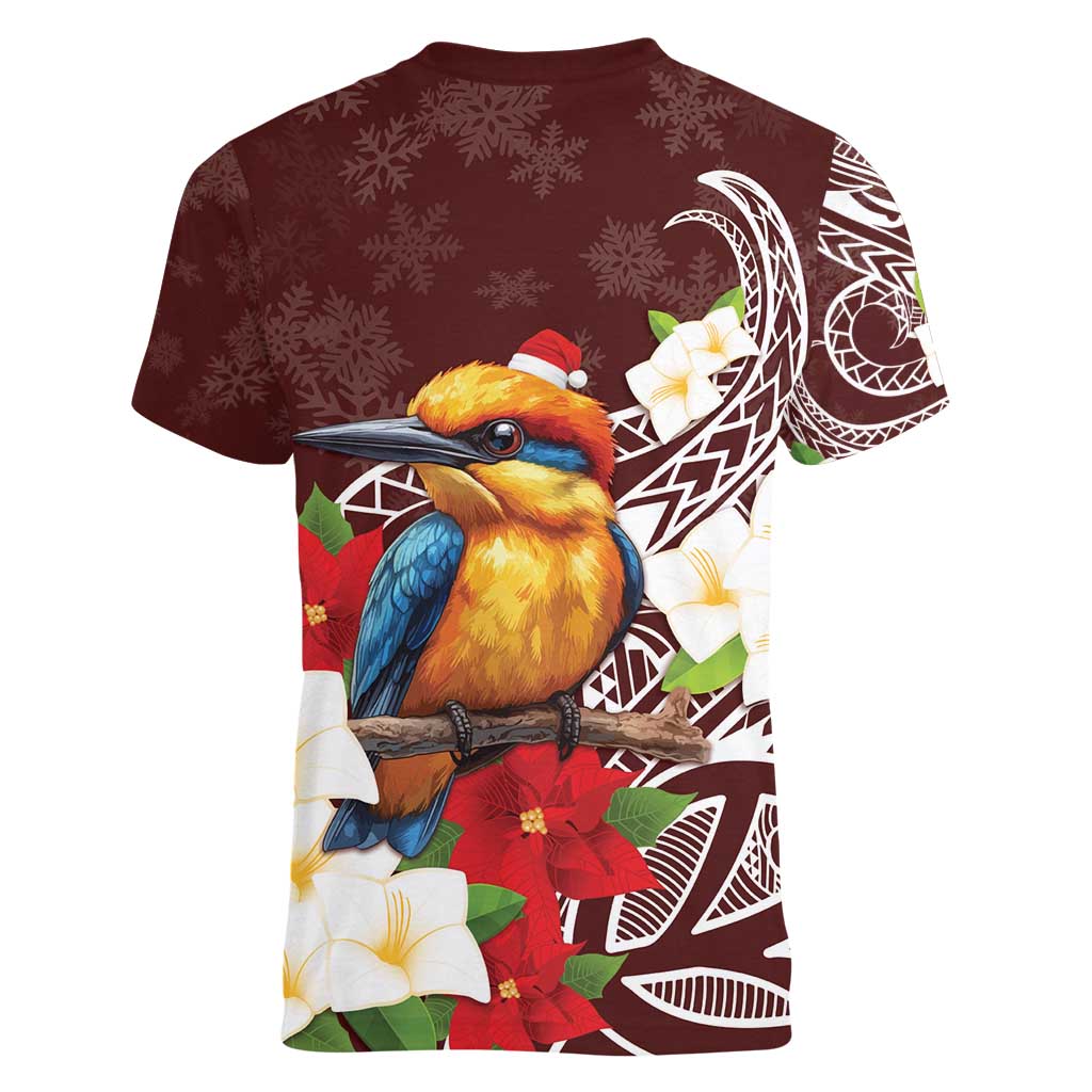 Felis Pasgua Guam Women V-Neck T-Shirt Christmas Sihek Kingfisher with Guasali