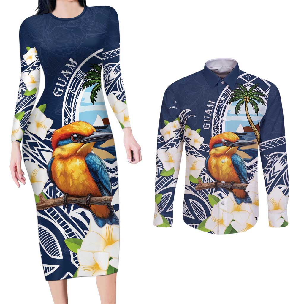 Hafa Adai Guam Couples Matching Long Sleeve Bodycon Dress and Long Sleeve Button Shirt Sihek Guam Kingfisher with Guasali