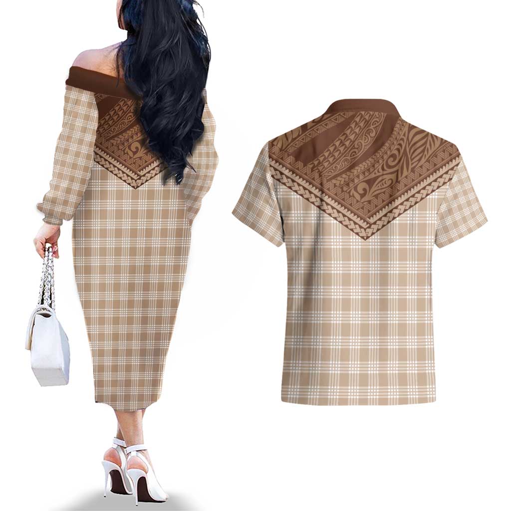 Aloha Hawaii Cowboys Paniolo Couples Matching Off The Shoulder Long Sleeve Dress and Hawaiian Shirt Beige Palaka - Polynesian Pride