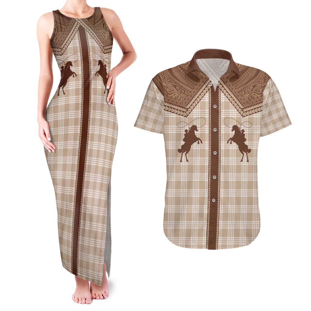 Aloha Hawaii Cowboys Paniolo Couples Matching Tank Maxi Dress and Hawaiian Shirt Beige Palaka - Polynesian Pride